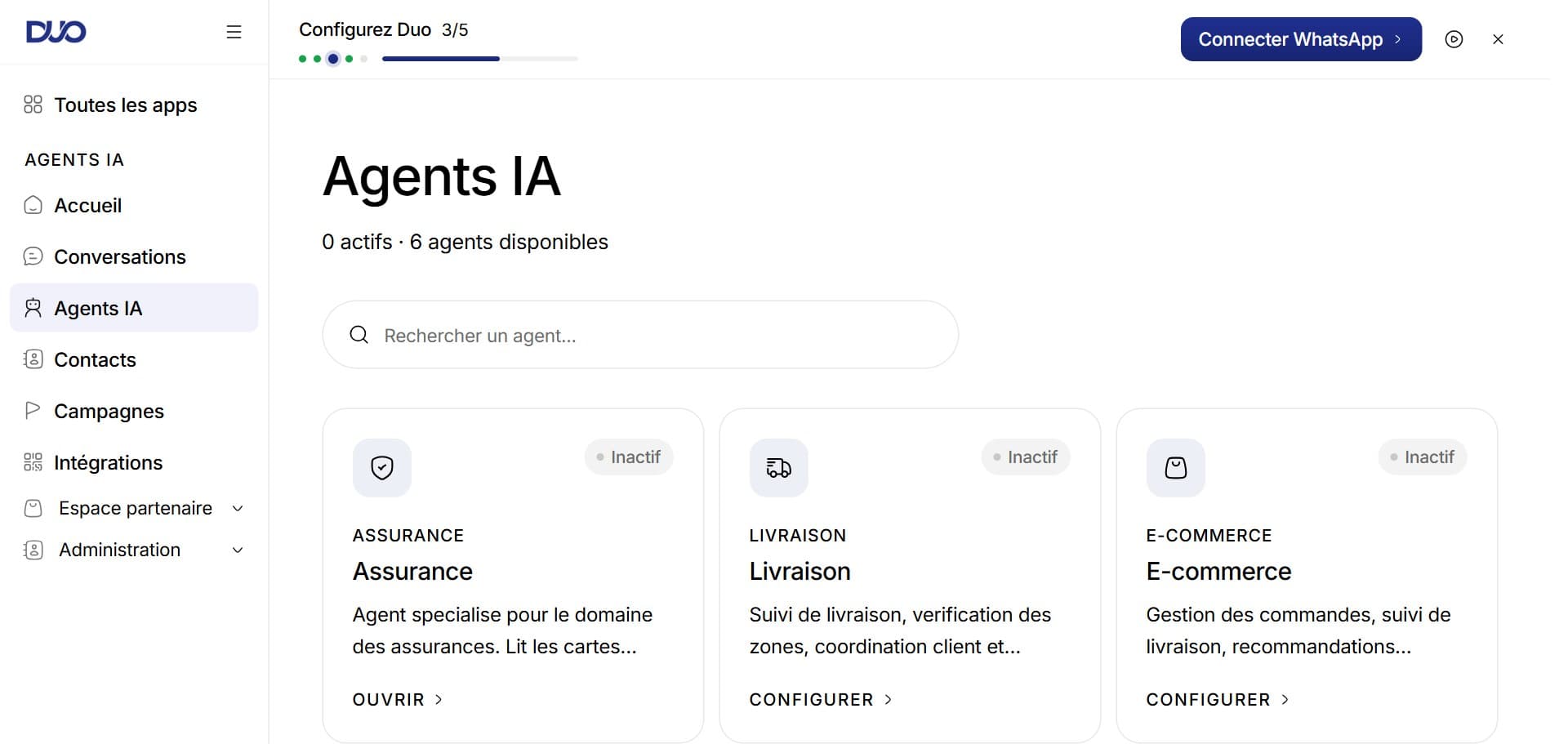 Page Agents IA : cartes Assurance, Livraison et E-commerce, chacune avec son statut Inactif