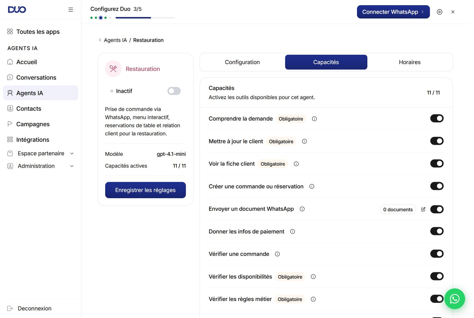 Onglet Capacités : Comprendre la demande, Créer une commande ou réservation, Envoyer un document WhatsApp, Donner les infos de paiement…