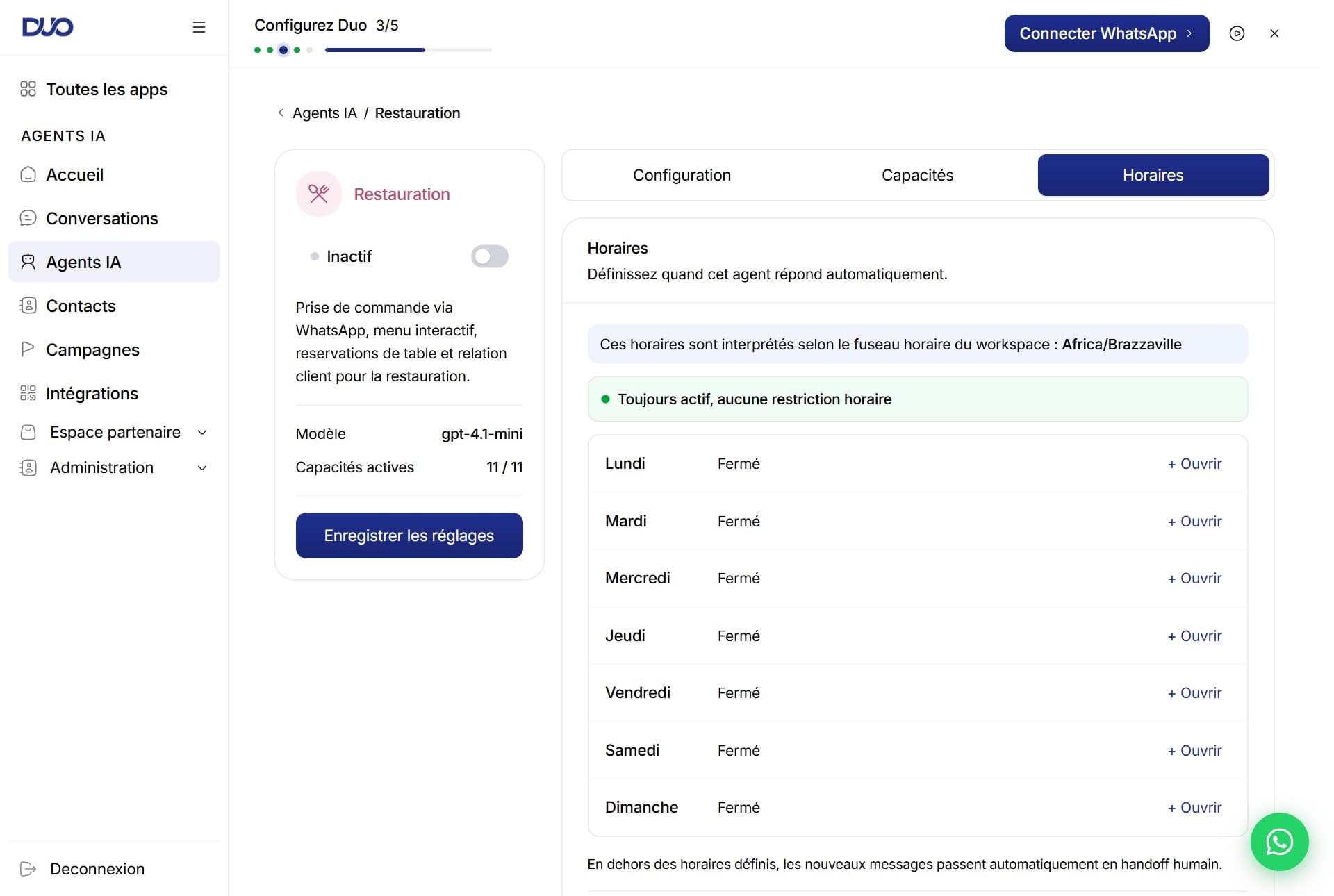 Onglet Horaires : fuseau Africa/Brazzaville, Toujours actif, jours de la semaine avec + Ouvrir