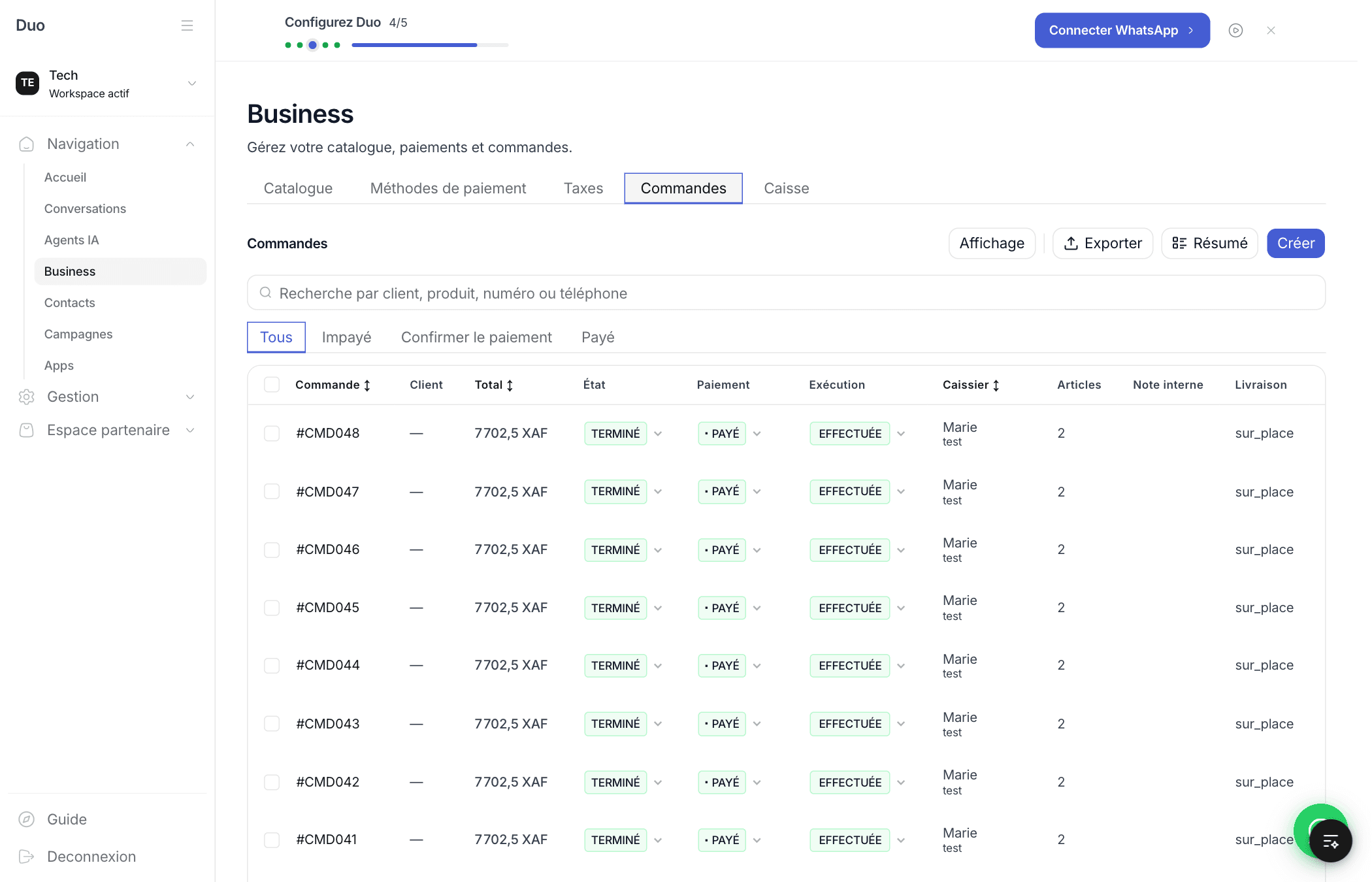 Tableau des commandes avec les colonnes Commande, Client, Total, État, Paiement, Exécution, Caissier