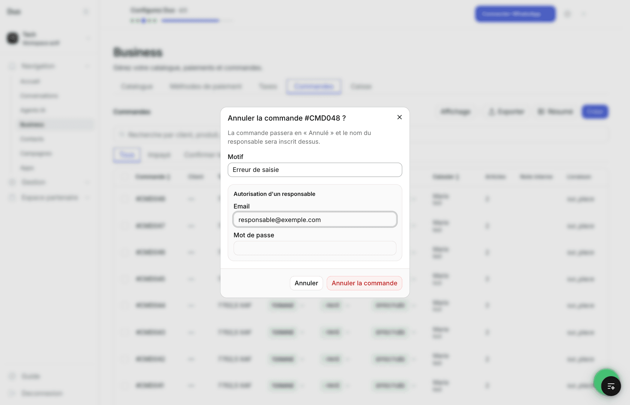 Fenêtre Annuler la commande avec le motif, l'email et le mot de passe du responsable