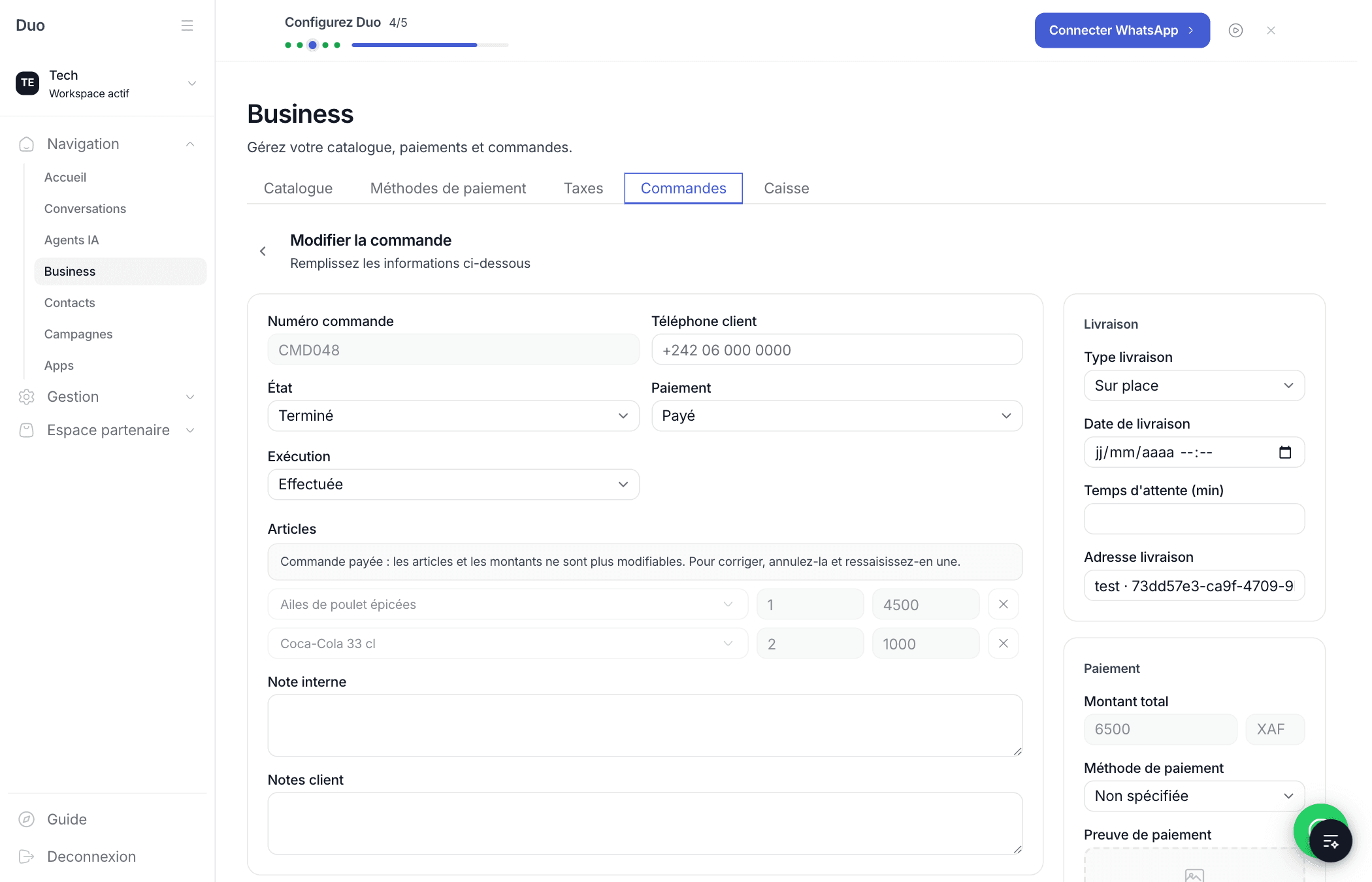 Formulaire d'une commande payée : articles et montants grisés avec la mention explicative