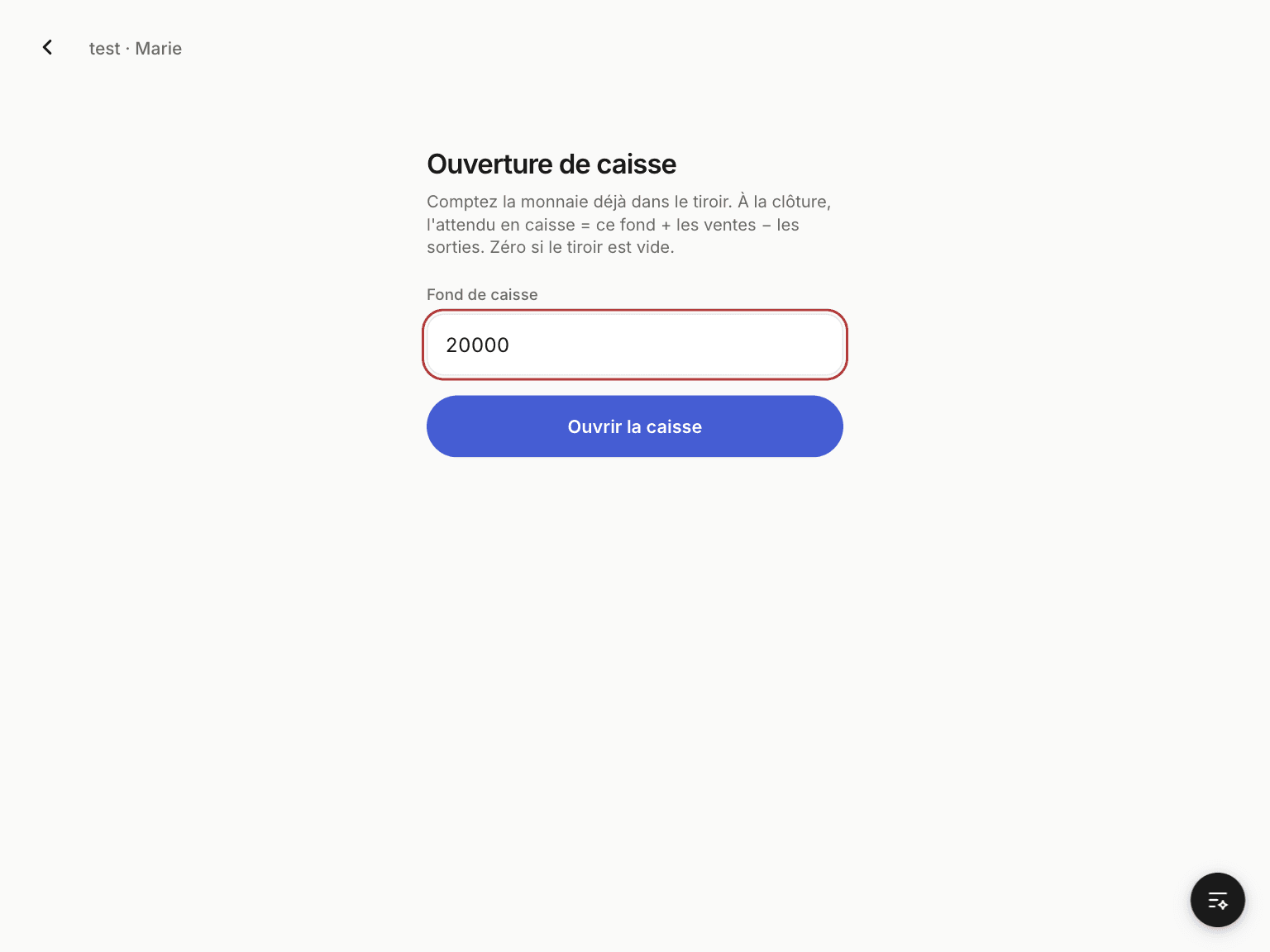 Écran d'ouverture de caisse