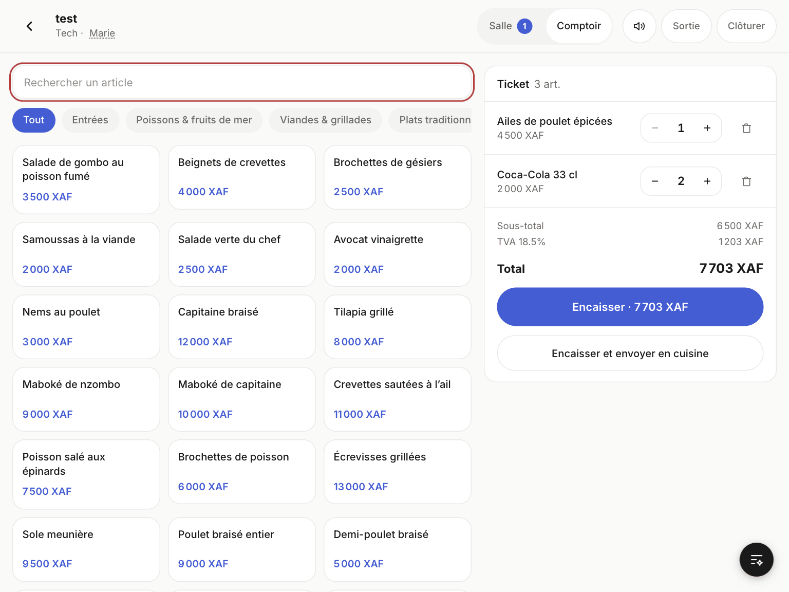 Vue Comptoir : grille d'articles à gauche, ticket à droite avec sous-total, TVA et total