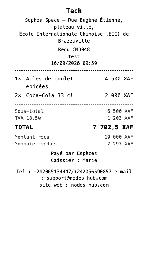 Ticket imprimé : en-tête, articles, sous-total, TVA, total, montant reçu, monnaie rendue, moyen de paiement et caissier