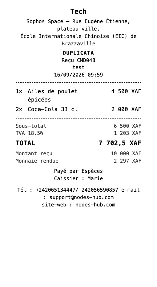 Le même ticket réimprimé, marqué DUPLICATA sous l'en-tête