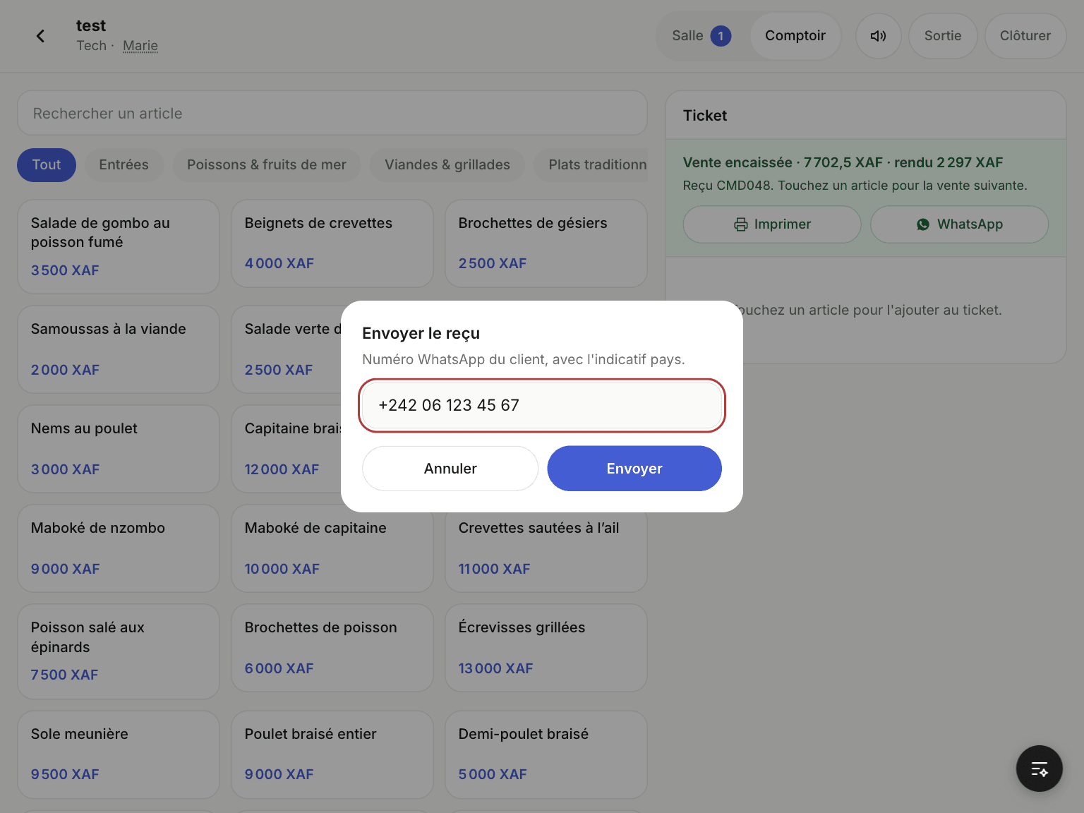 Fenêtre Envoyer le reçu avec le champ du numéro WhatsApp
