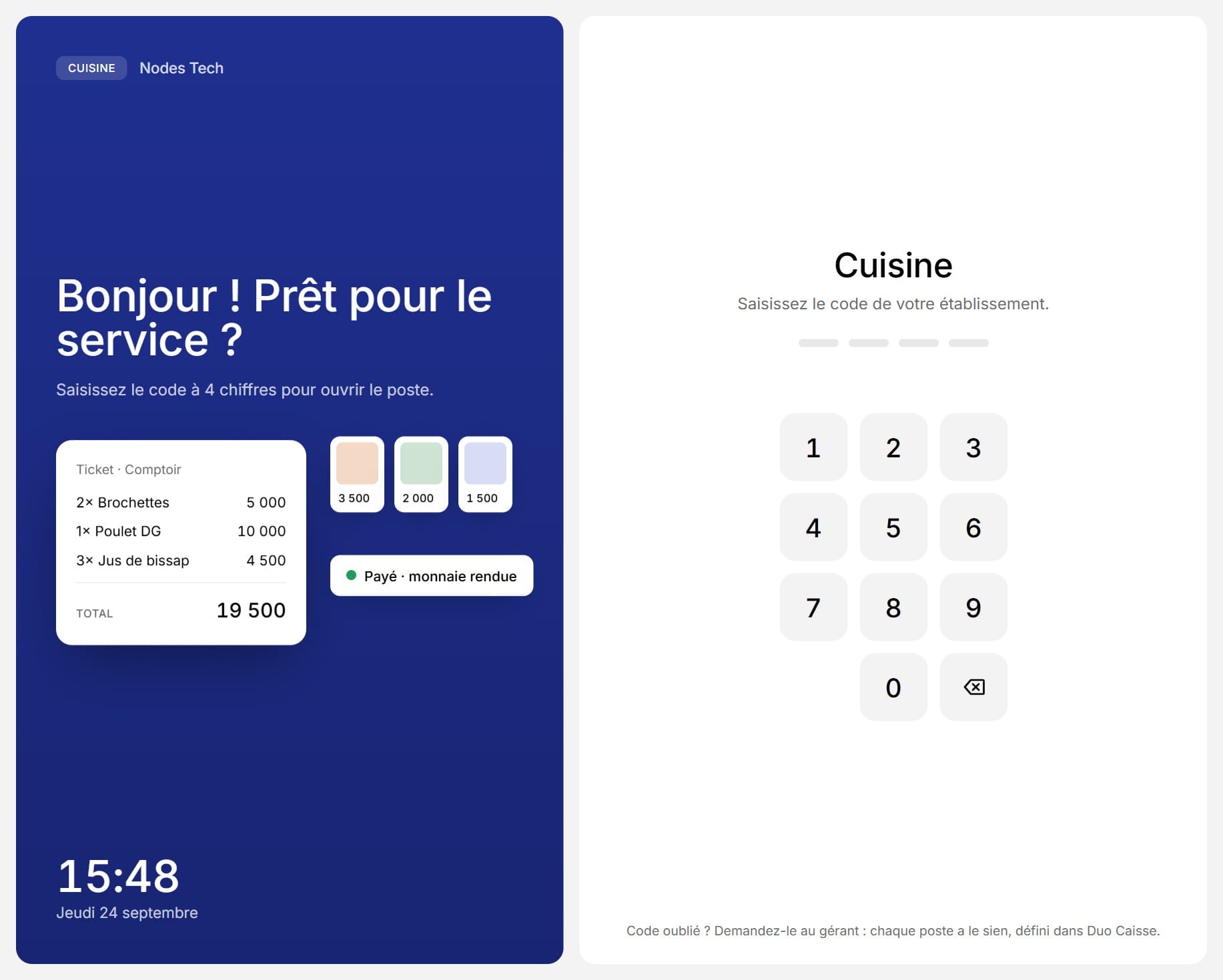 Écran « Cuisine » avec le pavé de code à 4 chiffres