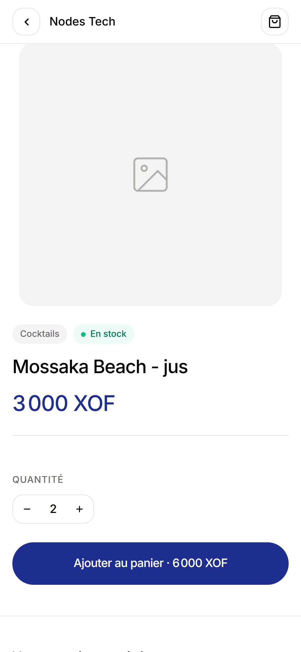Fiche article : catégorie, en stock, prix, quantité, Ajouter au panier