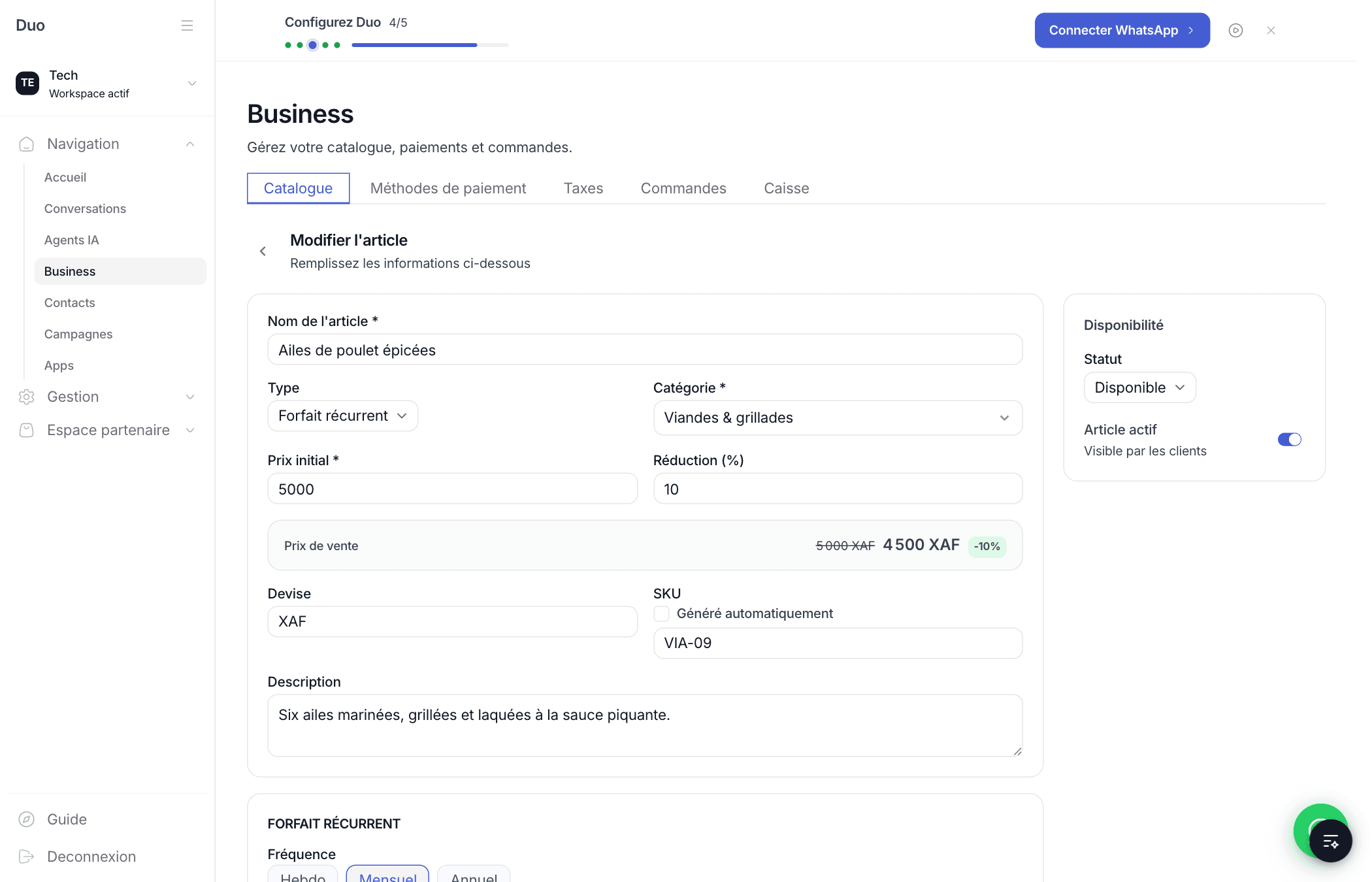 Fiche article dans Duo : nom, catégorie, prix initial 5 000, réduction 10 %, prix de vente 4 500 XAF, article actif
