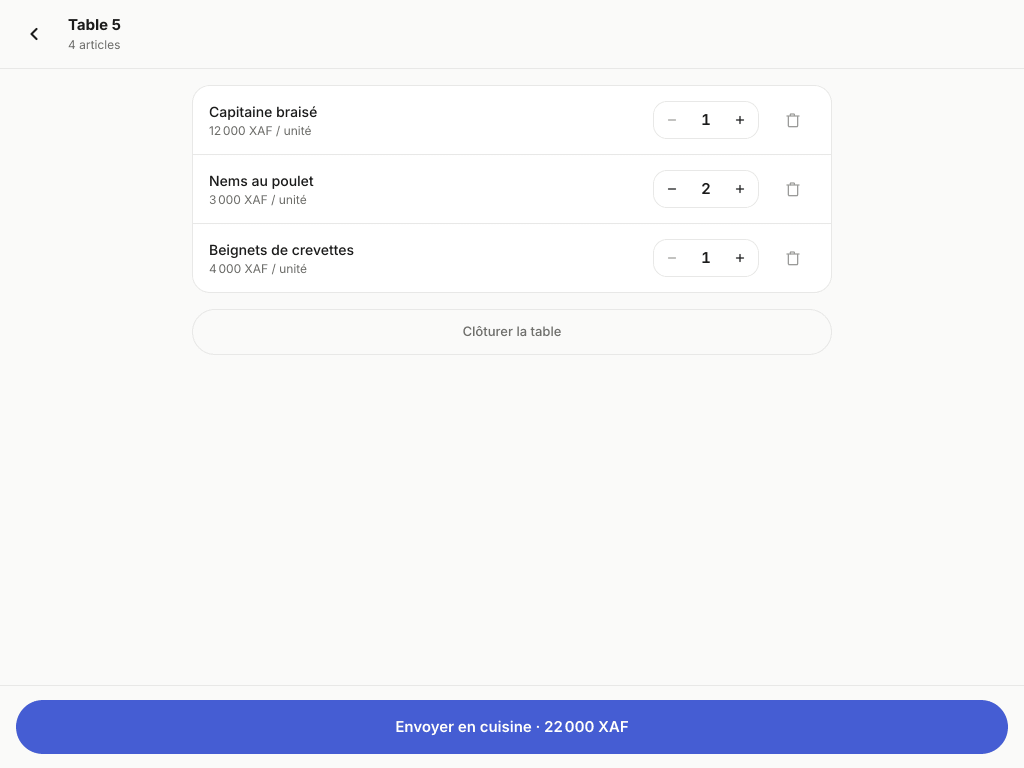 La note de la table 5 sur l’écran du serveur, avec le bouton Envoyer en cuisine